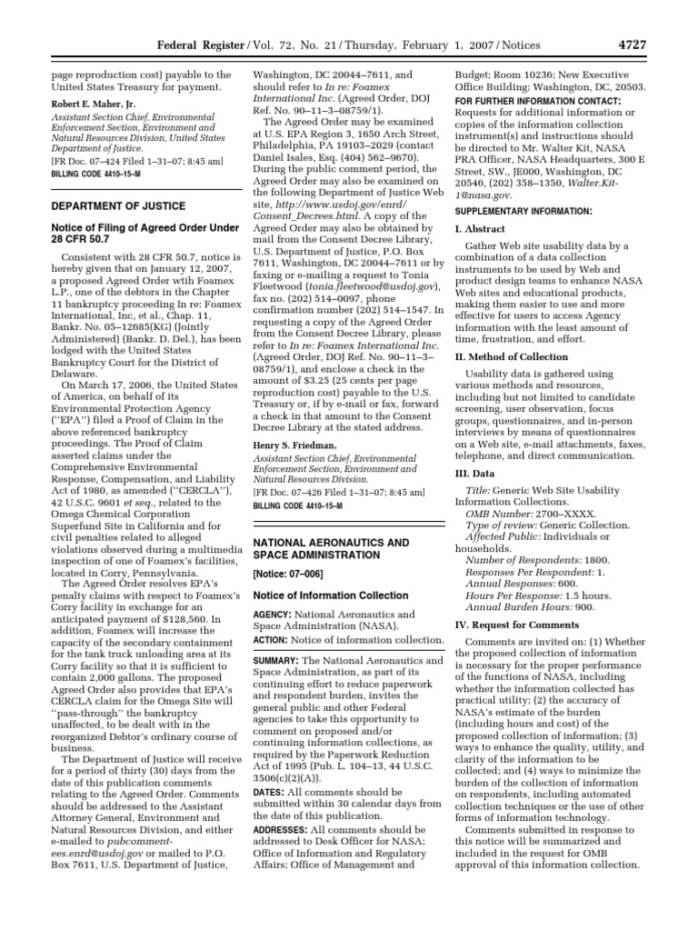 Notice Pollution control; consent judgments Foamex International, Inc
