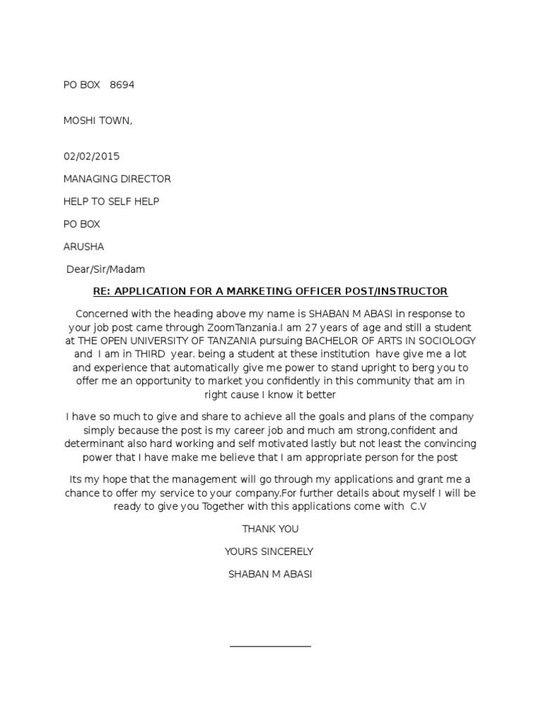 Re: Application For A Marketing Officer Post/Instructor | PDF | Career ...