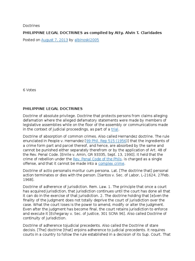 August 7, 2013 Albinoski2005 PHILIPPINE LEGAL DOCTRINES As Compiled by