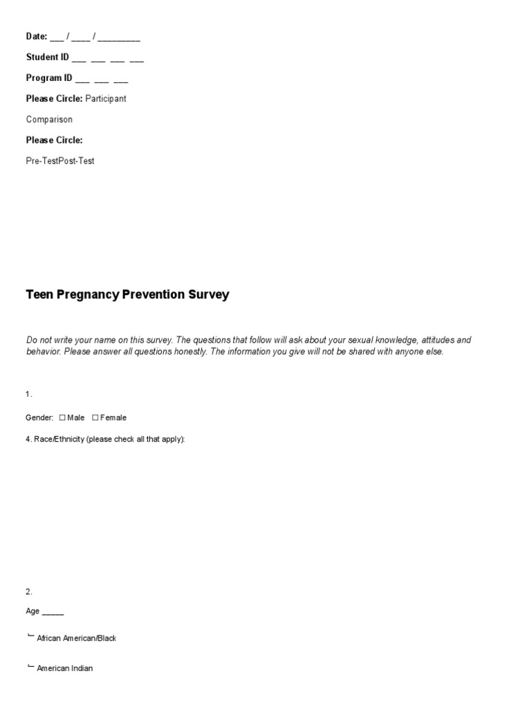 Teen Pregnancy Prevention Survey Form | PDF | Sexually Transmitted ...