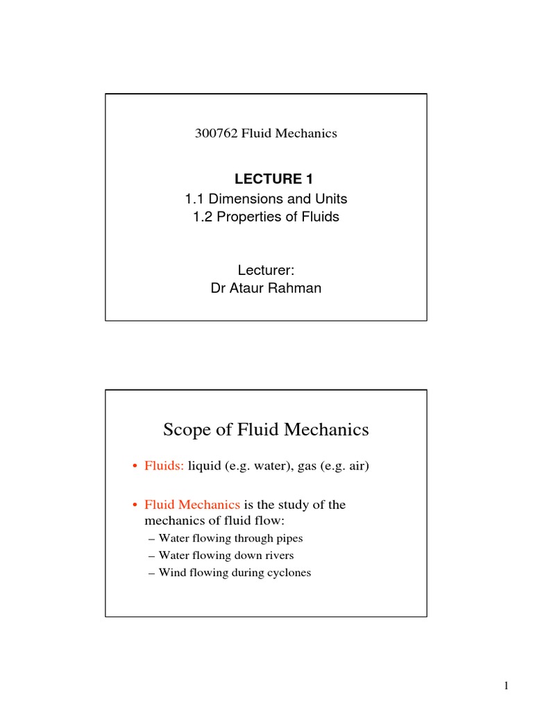 Lecture 1 Fluid Mechanics | PDF | Viscosity | Fluid Dynamics
