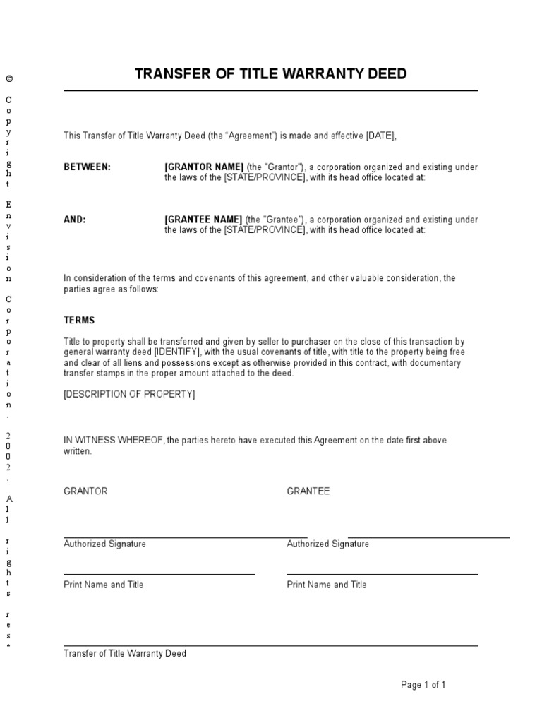 Transfer of Title Warranty Deed PDF
