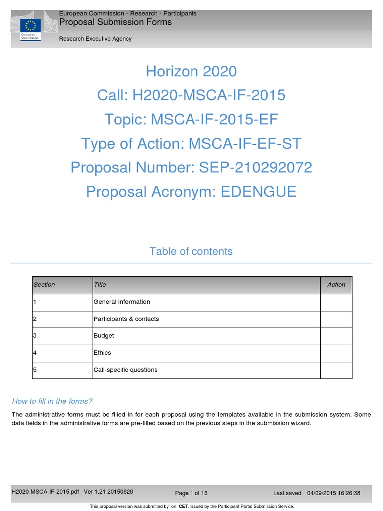 Horizon 2020 Call: H2020-MSCA-IF-2015 Topic: MSCA-IF-2015-EF Type of ...