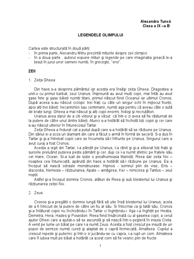 LEGENDELE OLIMPULUI - Rezumat | PDF