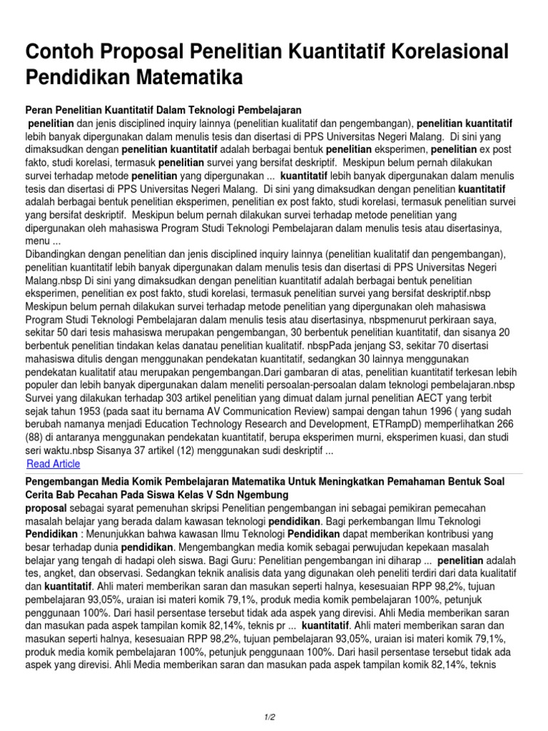 Contoh Proposal Penelitian Kuantitatif Korelasional Pendidikan Matematika