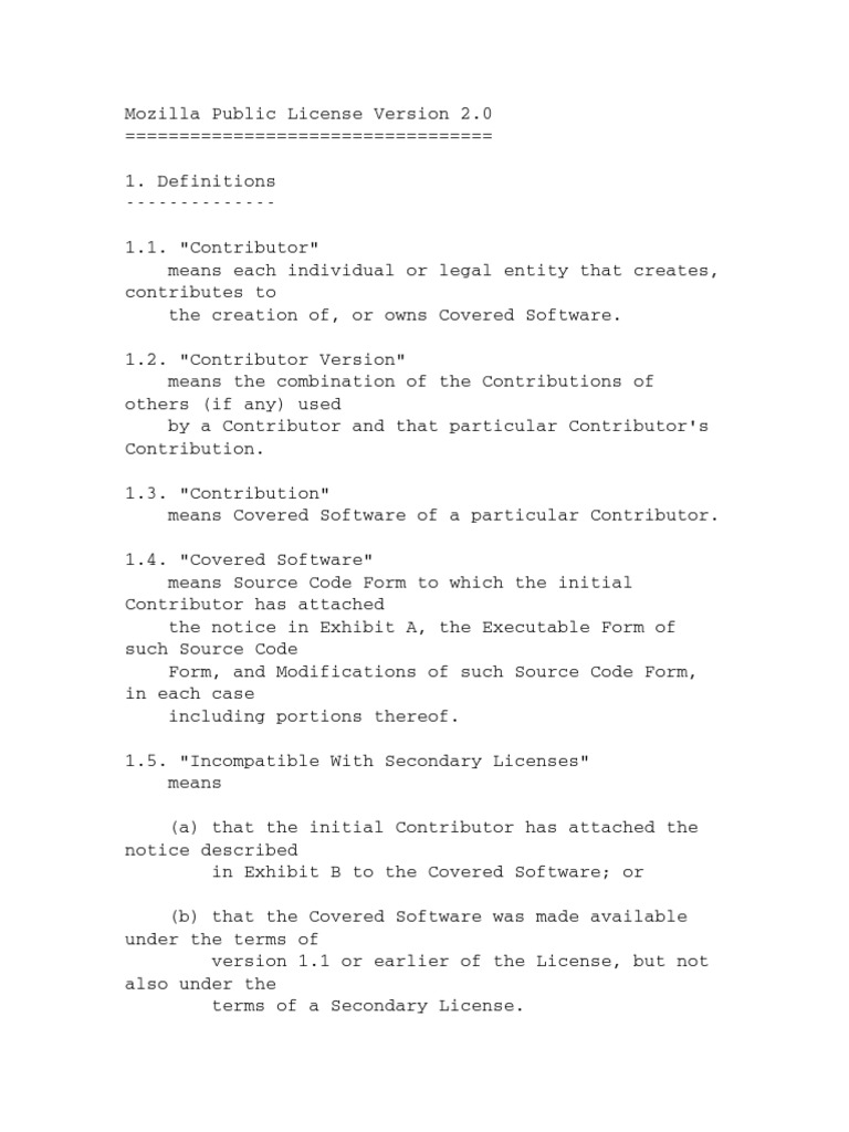 Mozilla Public License 2.0 | PDF | Source Code | License