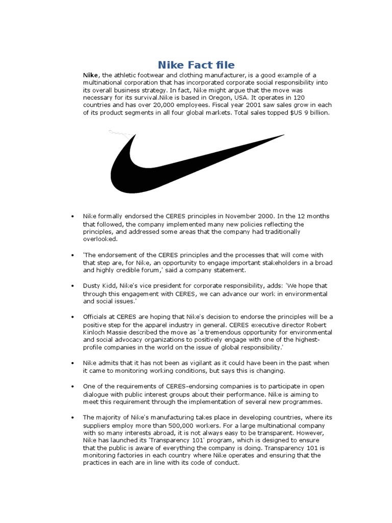 Nike Fact File | PDF | Nike | Corporate Social Responsibility
