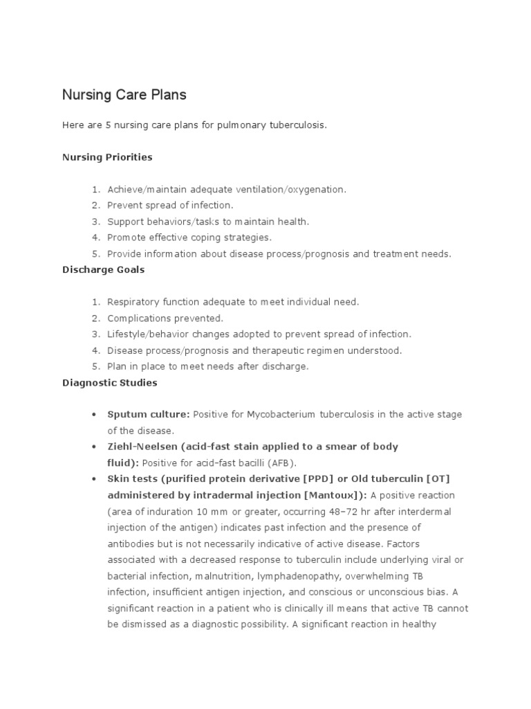 TB Nursing Careplan | PDF | Tuberculosis | Infection