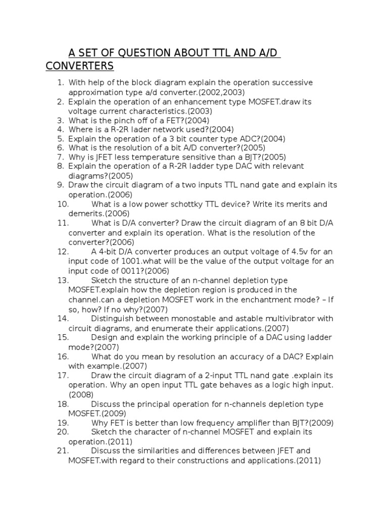 TTL and A/D Converter Questions Guide | PDF | Field Effect Transistor ...
