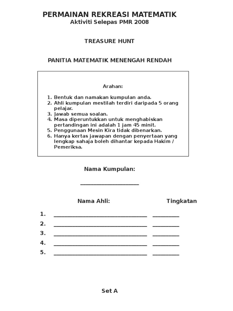 Contoh Treasure Hunt Matematik 2008 | PDF