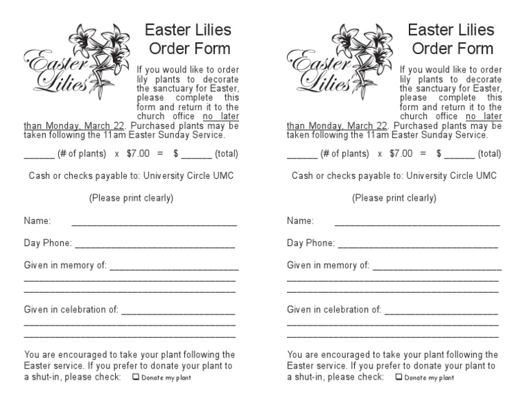 Easter Lilies Order Form PDF April Observances Easter
