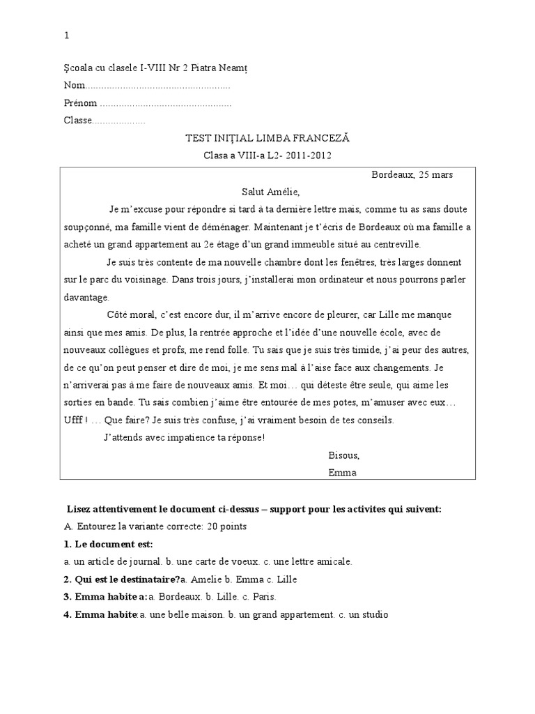 Test initial de français pour la classe VIII | PDF | Linguistique | Échecs