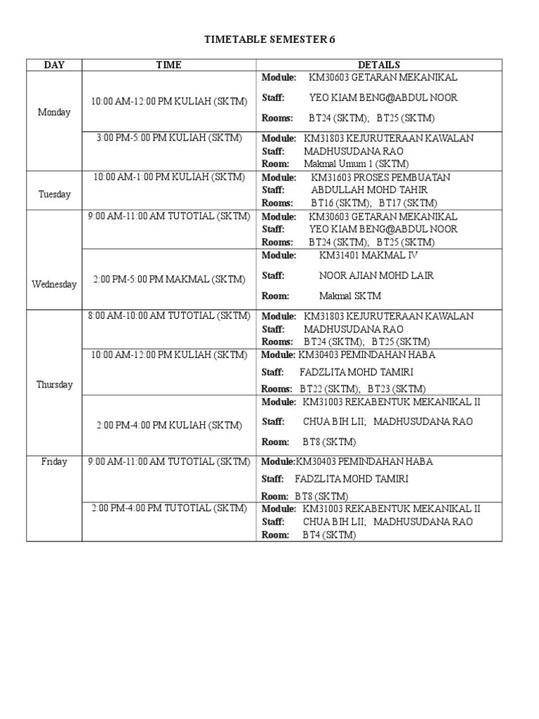 Semester 6 SKTM Timetable | PDF | Sports & Recreation | Technology ...