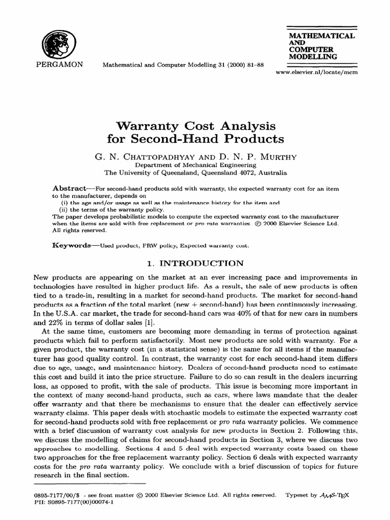 Warranty Cost Analysis For SecondHand Products Mathematical Computer