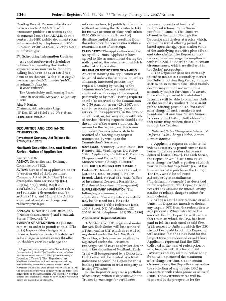 Notice Investment Company Act of 1940 NexBank Securities, Inc. and