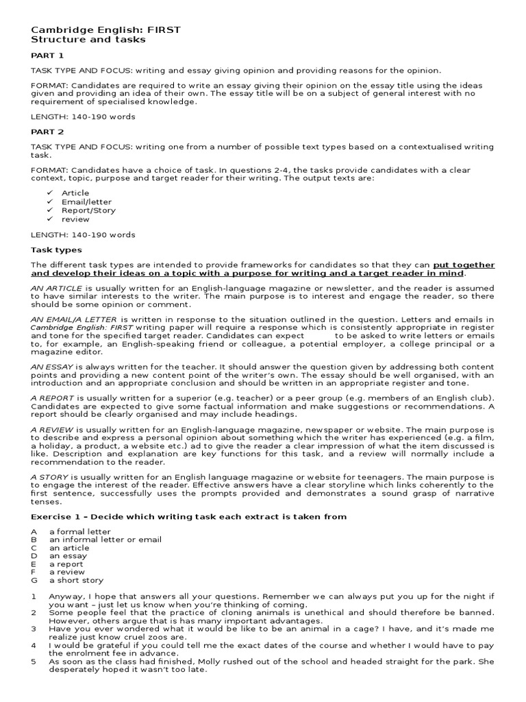 Cambridge English Writing Tasks Overview | PDF | Essays | Cognition