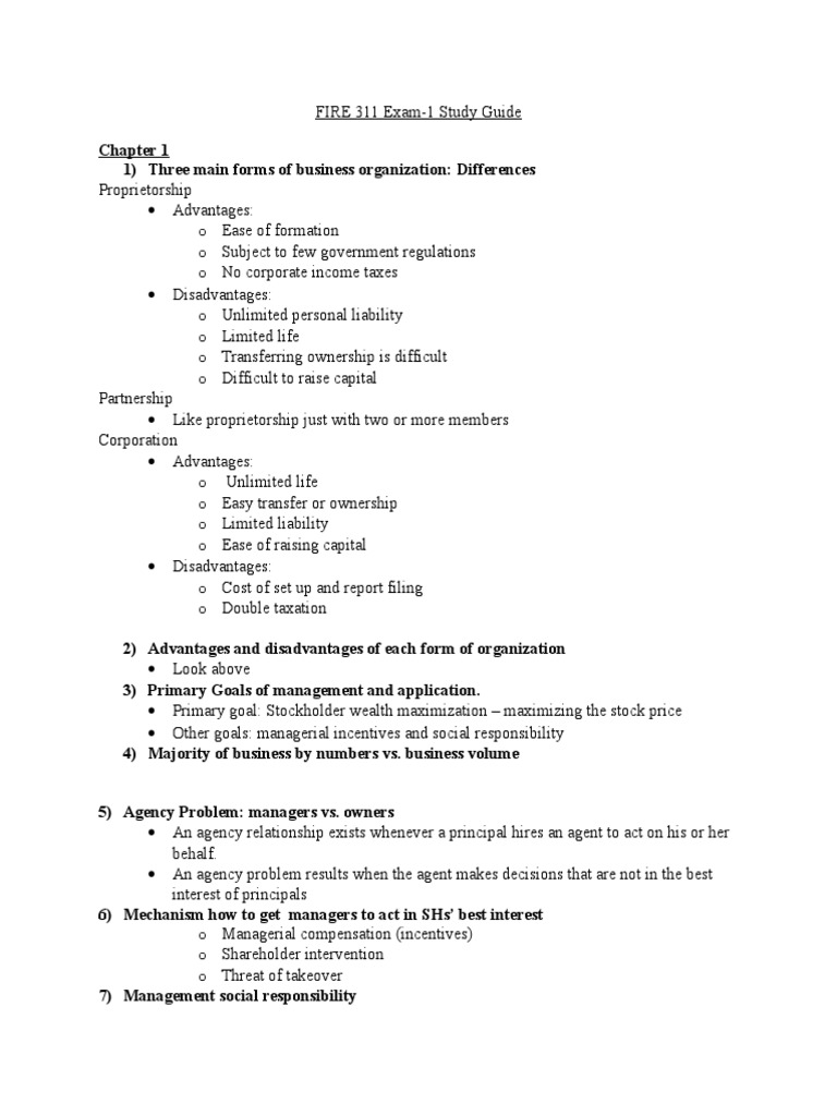 FIRE 311 Exam 1 Study Guide Overview | PDF | Balance Sheet | Revenue