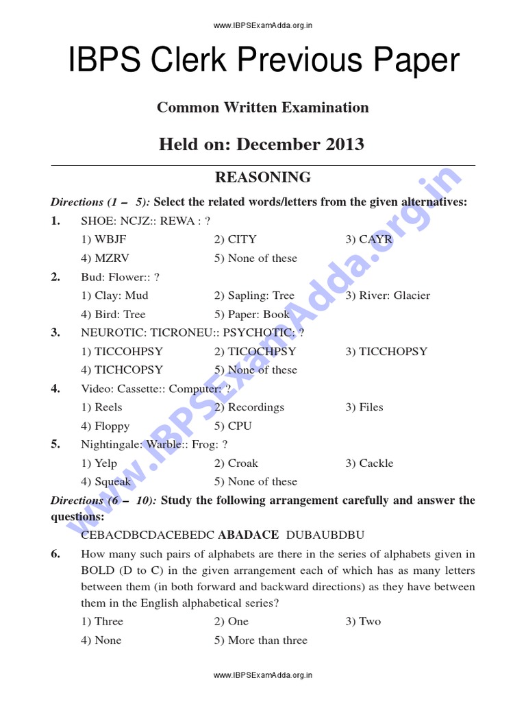 IBPS Clerk Sample Question Paper PDF Online Banking Banks & Banking