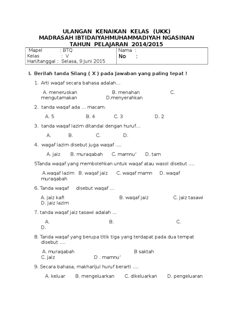 Soal Bta Kls 5