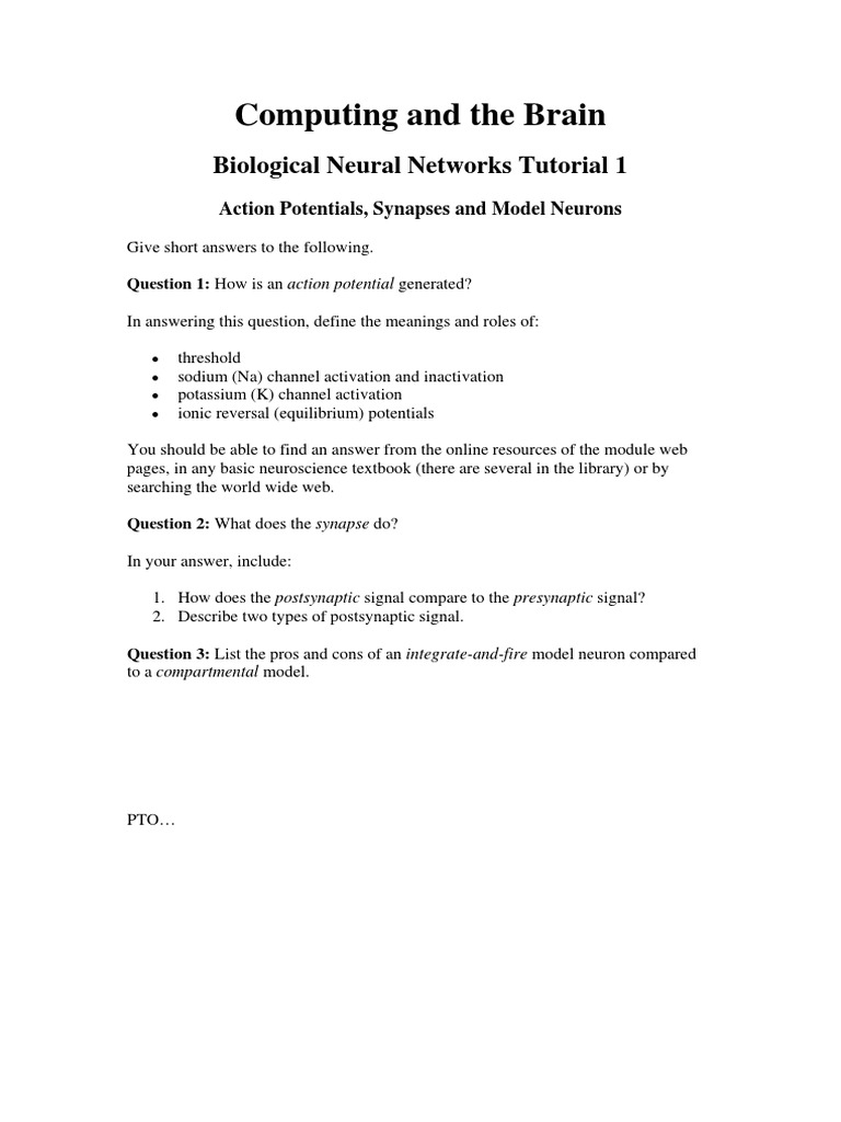 Computing and The Brain: Biological Neural Networks Tutorial 1 | PDF