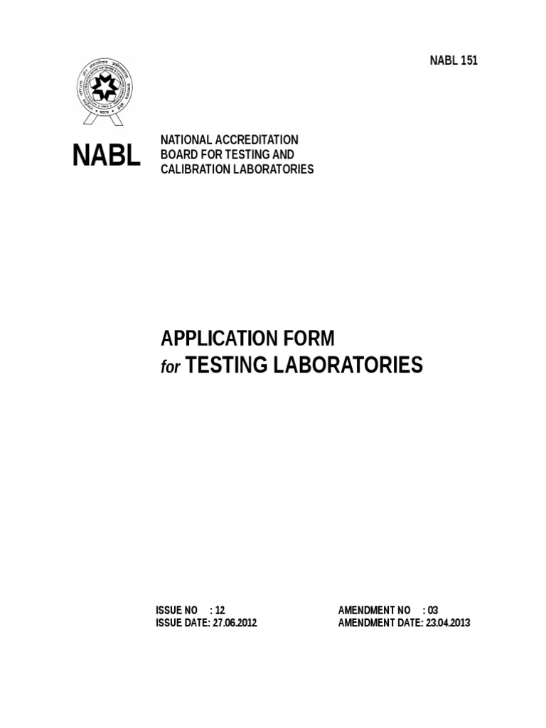 NABL 151 Application Form For Testing Laboratories PDF