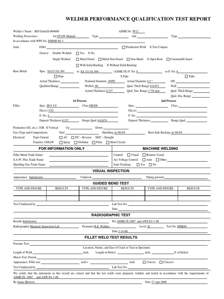 Welder Qualification Record
