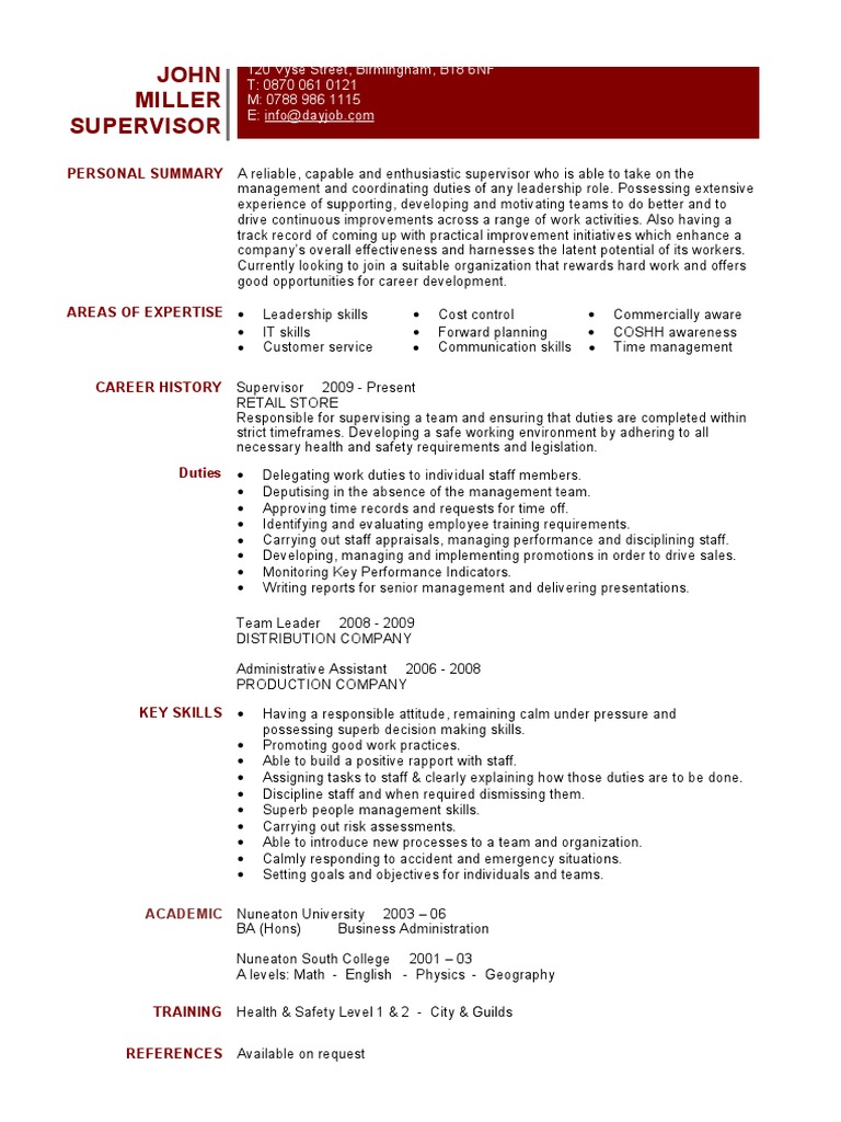 resume format for supervisor job