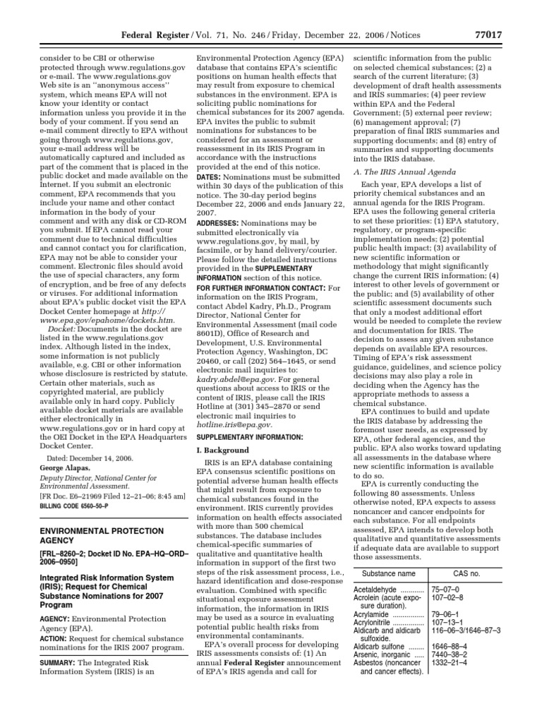 Notice Environmental Statements Availability, Etc. Chemical Substance