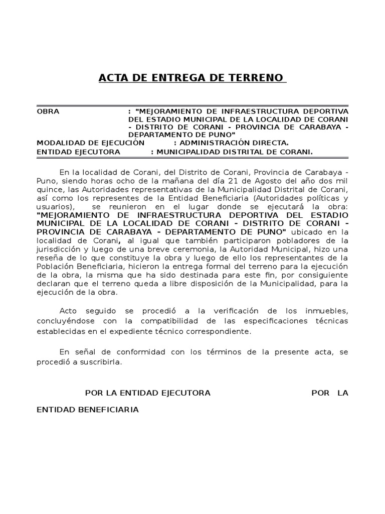 Acta de Entrega de Terreno para Obra | PDF | Gobierno local | Gobierno