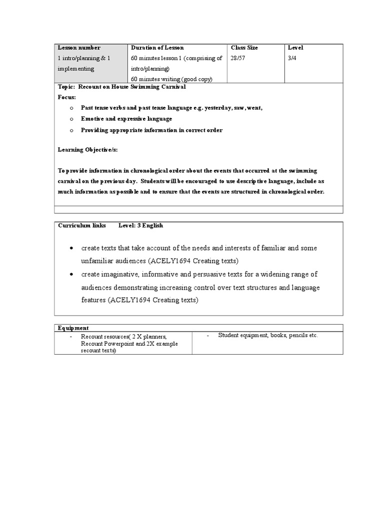 Recount Lesson Plan Lesson Plan Semiotics