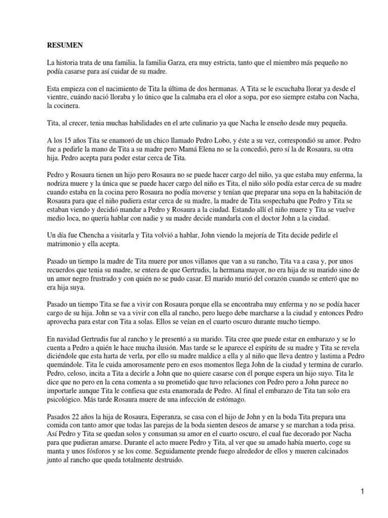 Como Agua Para Chocolate Résumé Par Chapitre