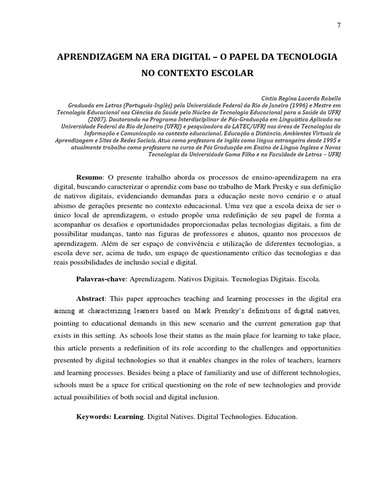Aprendizagem Na Era Digital | PDF | Internet | Lição