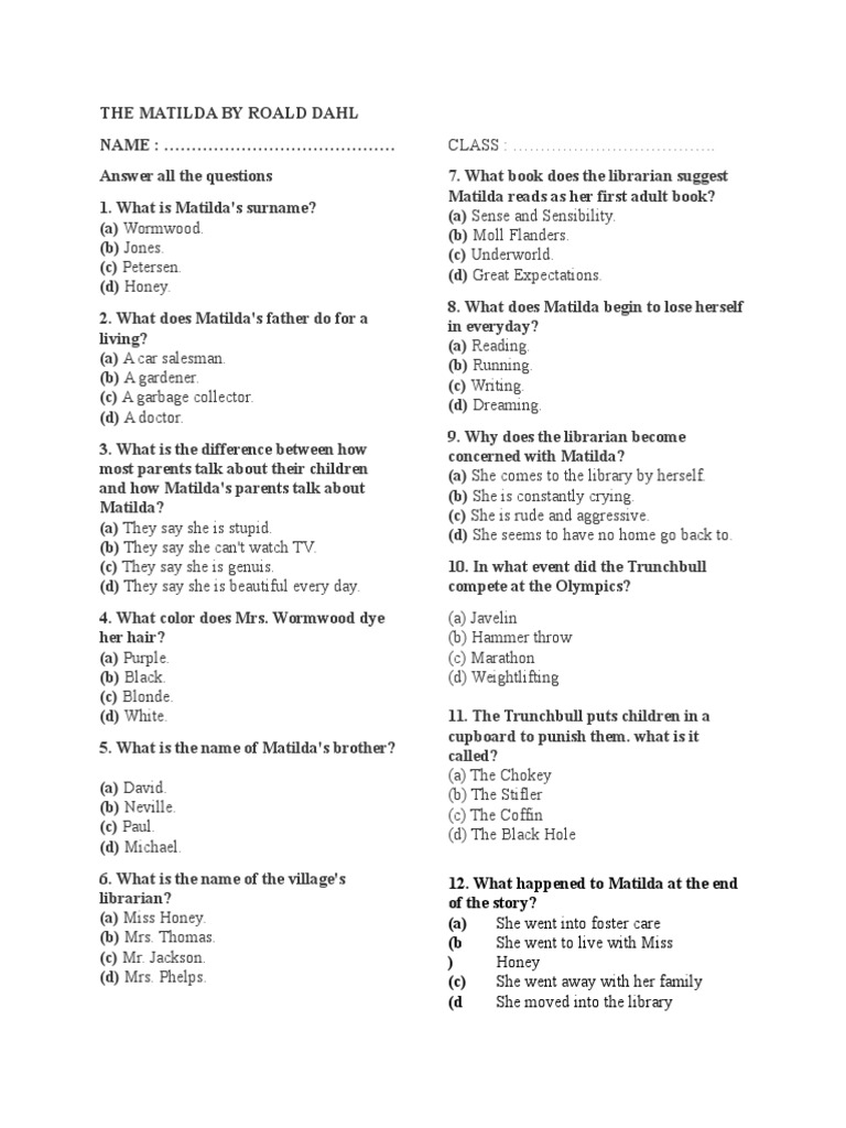 Matilda by Roald Dahl: Quiz Questions | PDF | Art