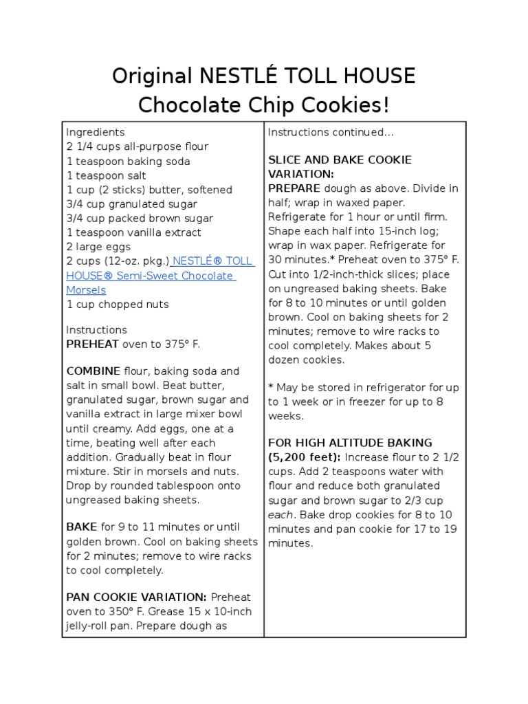 Original NESTLÉ® TOLL HOUSE® Chocolate Chip Cookie Recipe