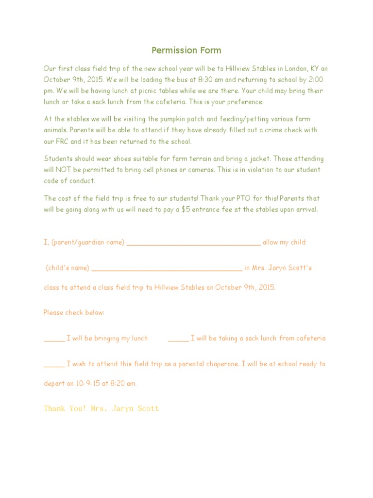 Hillview Stables Field Trip Permission Form | PDF