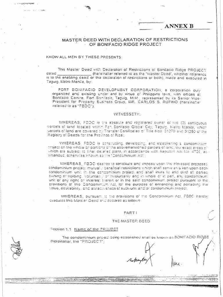 Master Deed of Bonifacio Ridge | PDF | Lease | Condominium