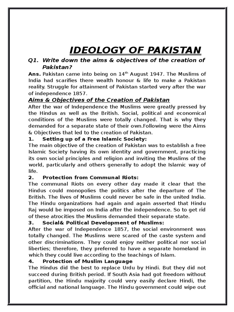 ideology of pakistan essay with outline