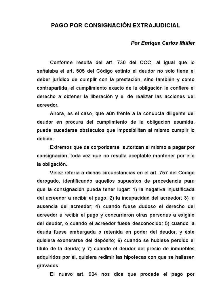 Pago Por Consignacion Judicial Por Müller CCYCN PDF Pagos Dinero