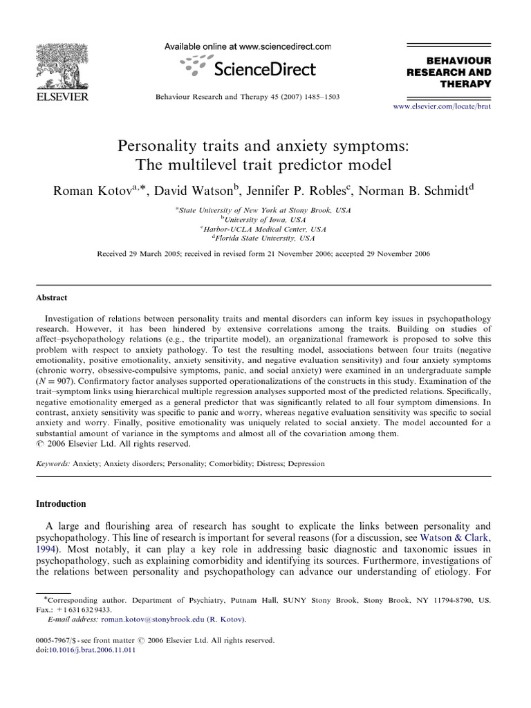 Personality Traits and Anxiety Symptoms | PDF | Anxiety Disorder ...