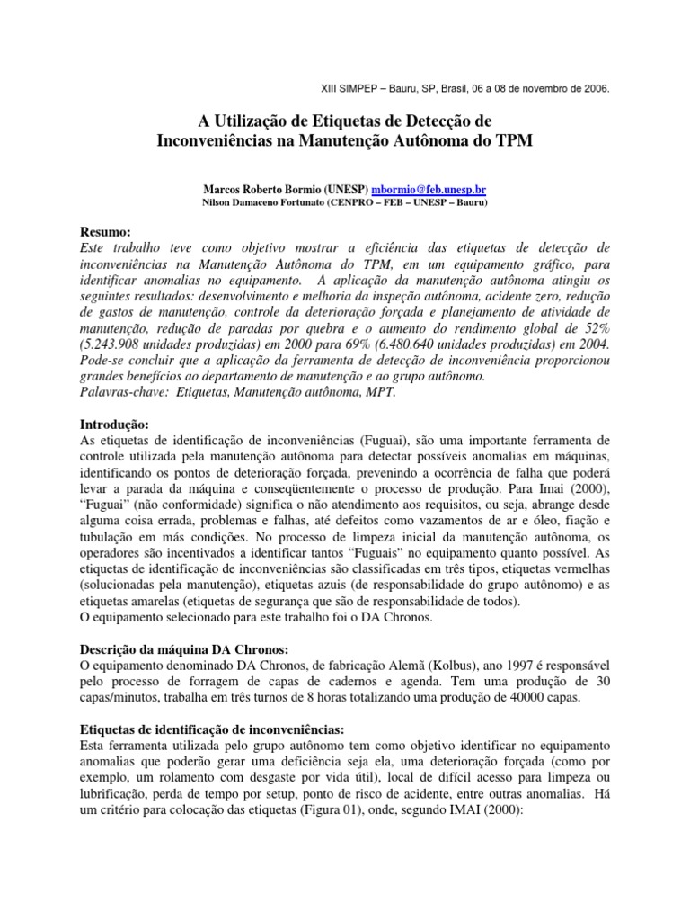 Etiquetas na Manutenção Autônoma do TPM | PDF | Indústrias | Aprendizado