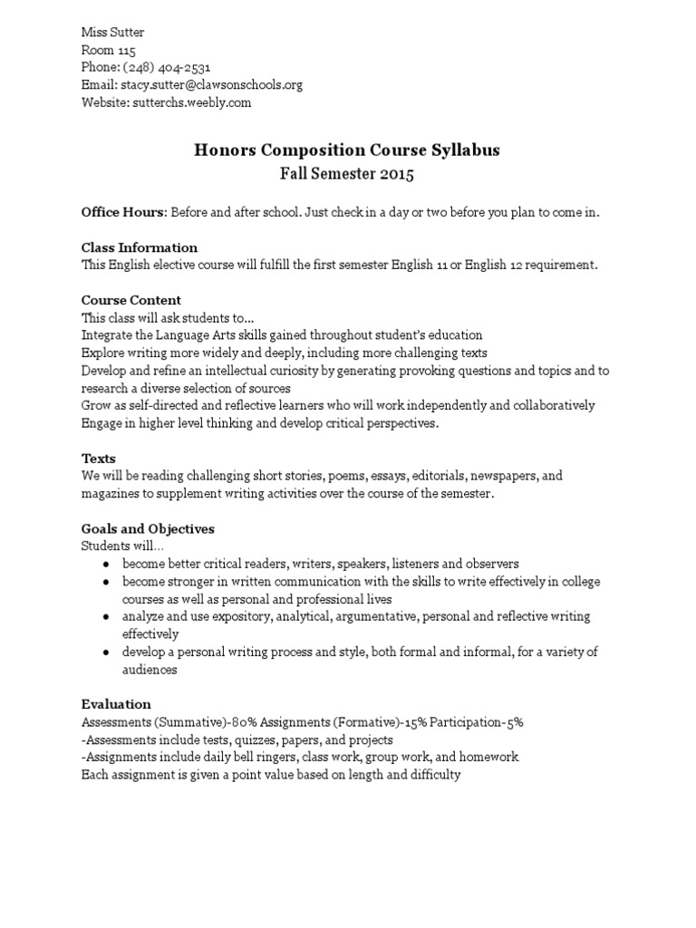 Honors Composition Syllabus 2015 | PDF | Homework | Teachers