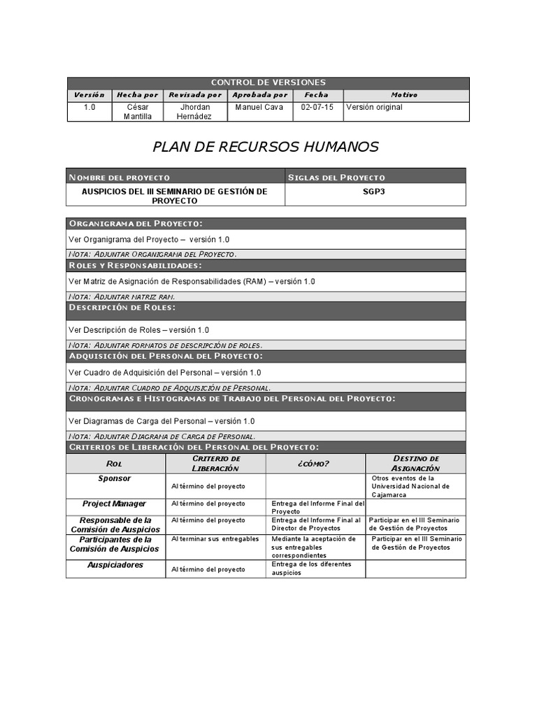 Plan de Recursos Humanos para Proyecto SGP3 | PDF | Gestión de ...