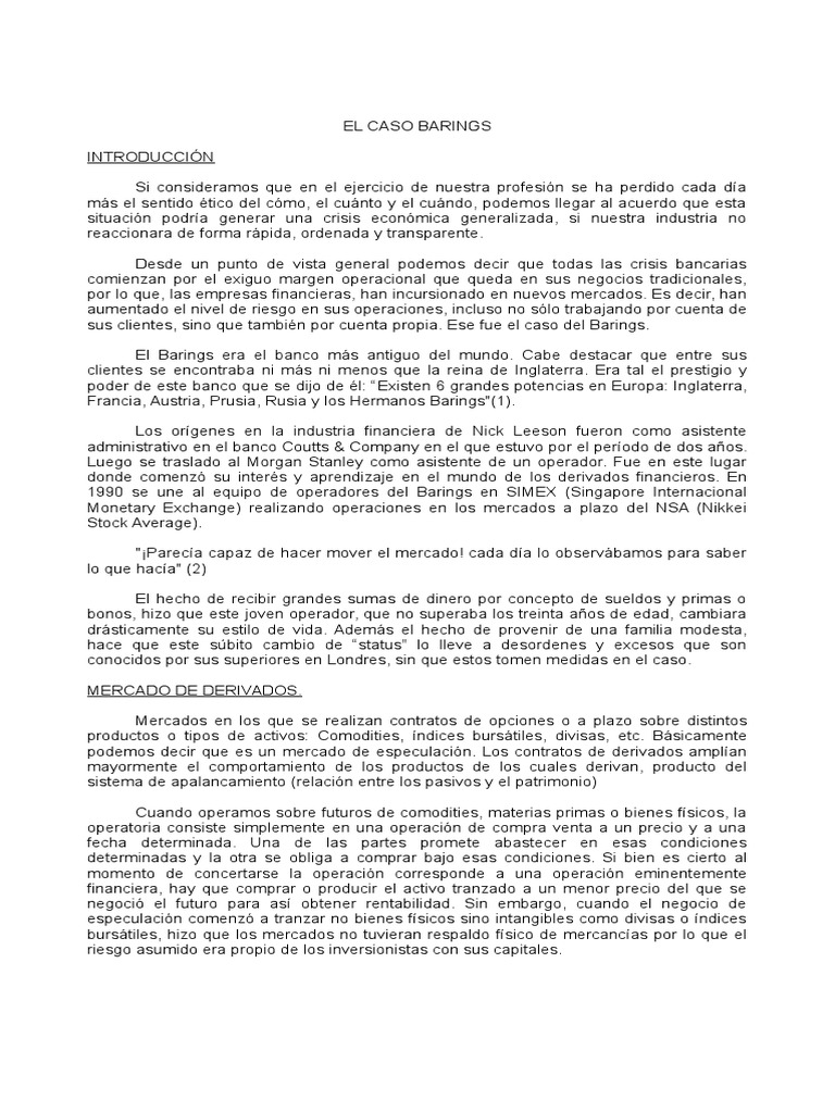 El Caso Del Banco Barings PDF Especulación Bancos