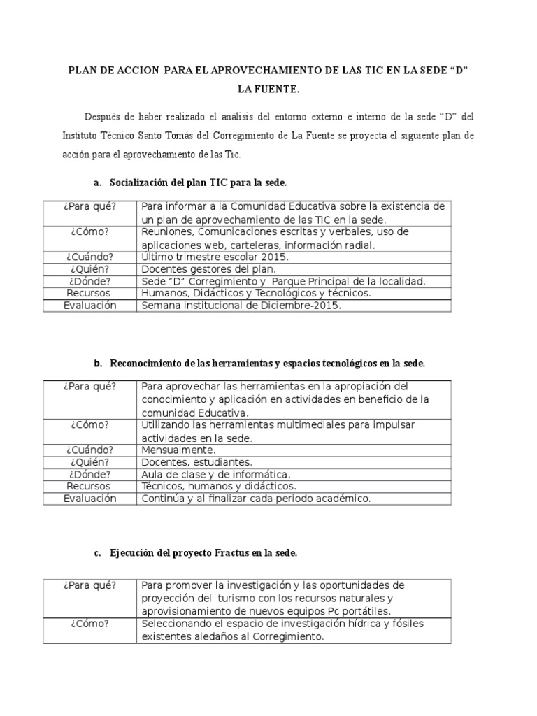 Plan de Acción TIC en Sede "D" La Fuente | PDF | Tecnología de ...