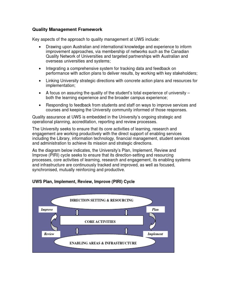 UWS Quality Management Framework Overview | PDF