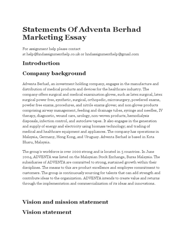 Statements of adventa berhad marketing essay picture