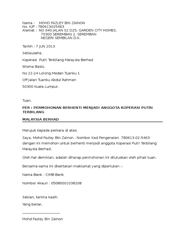 Contoh Surat Permohonan Berhenti Menjadi Ahli