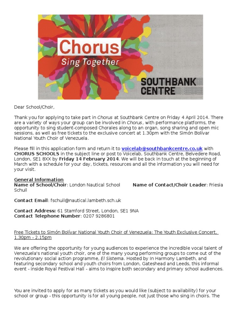 Application For Chorus Schools and Concert Tickets PDF Choir Singing