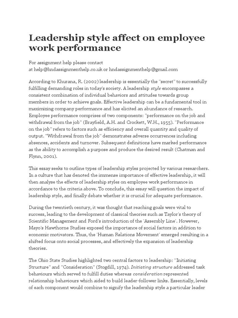 Leadership Style Affect On Employee Work Performance | PDF | Leadership ...