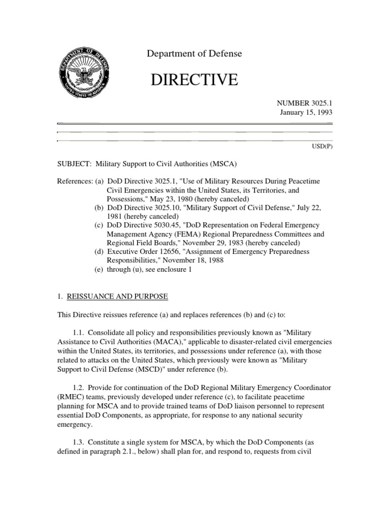 DOD Directive 3025.1 United States Department Of Defense Federal